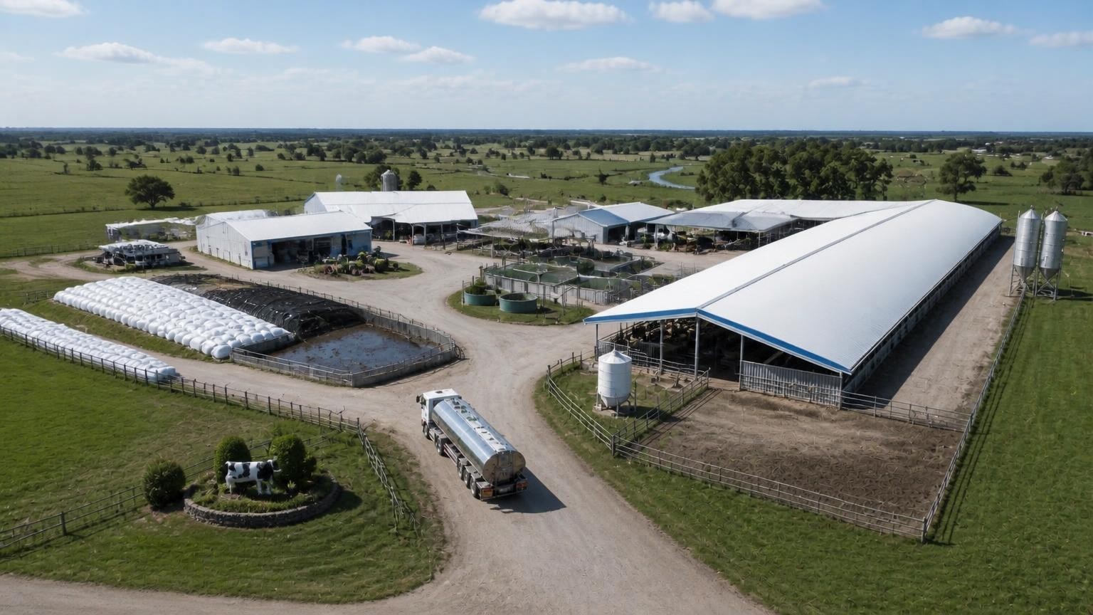 Aerial view of dairy farm buildings and grounds